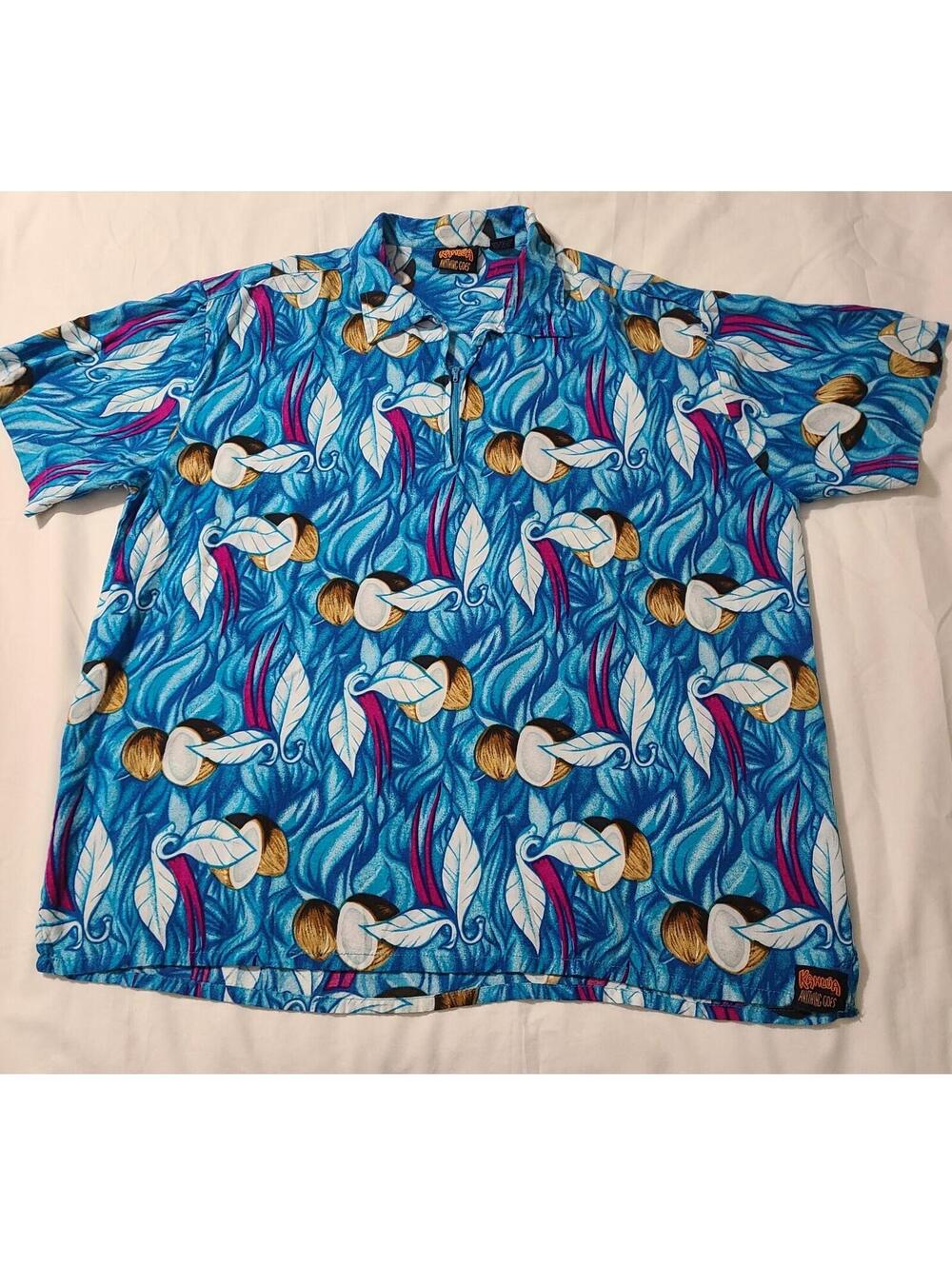 Kahlua Anything Goes Hawaiian Shirt Mens Size XL Blue 1/4 Zip 100% Rayon Summer